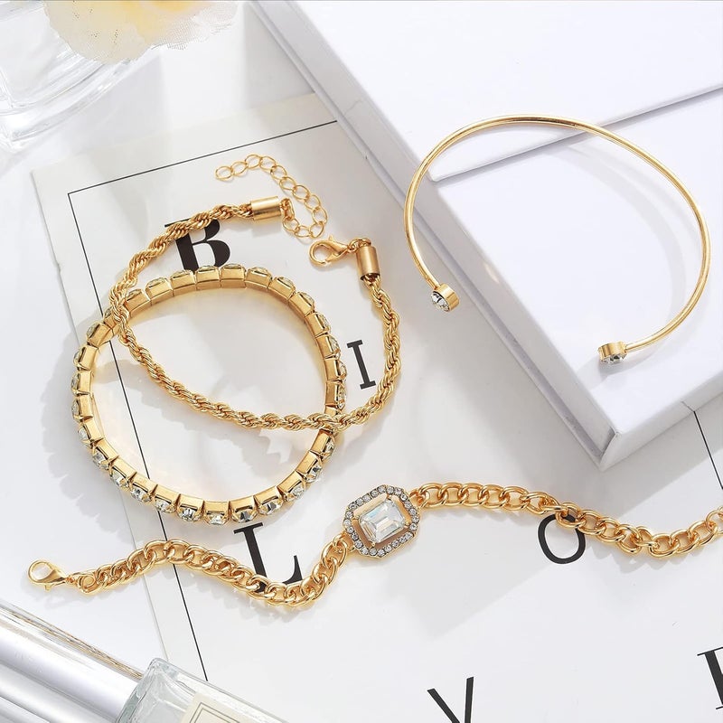 IFKM Gold Bracelets for Women, 14K Gold Plated Dainty Layered Chain Bracelets Adjustable Cute Bangle Link Bracelet Set - Image 3